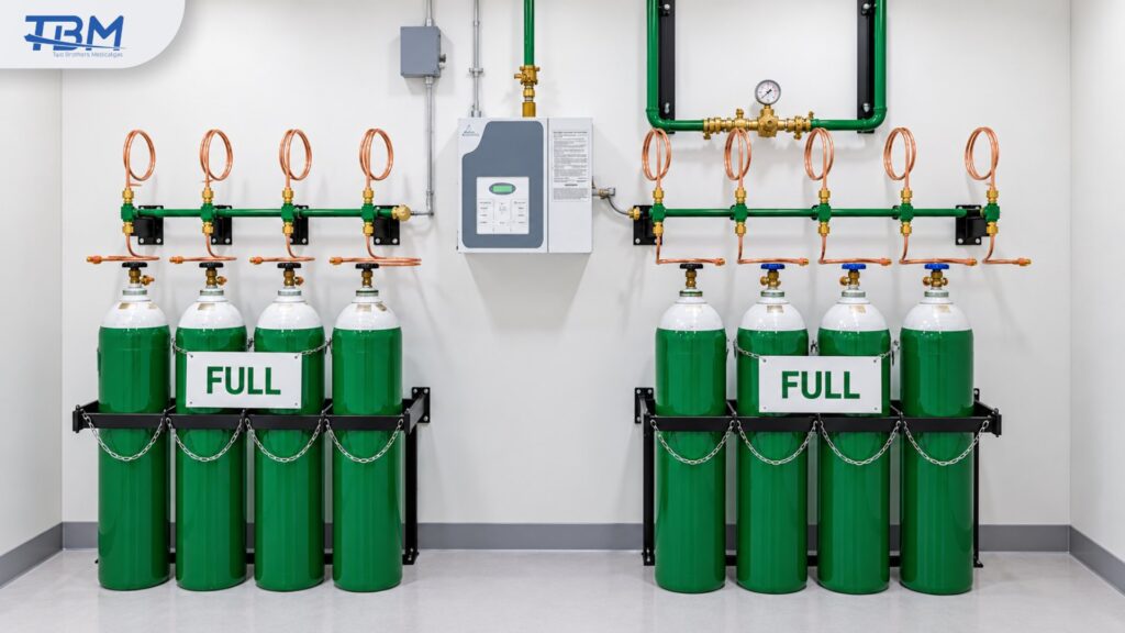 Oxygen Manifold คืออะไร ? ระบบสำรองออกซิเจนของโรงพยาบาล ห้อง Manifold Room ถังออกซิเจนเรียงสองฝั่งพร้อมโซ่ยึดและป้ายถังเต็ม