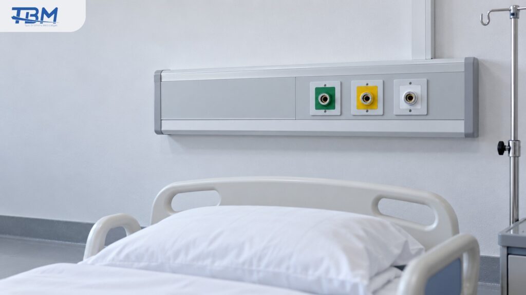 หัวจ่ายออกซิเจนสีเขียว Medical Air สีเหลือง และสุญญากาศสีขาวที่หัวเตียง