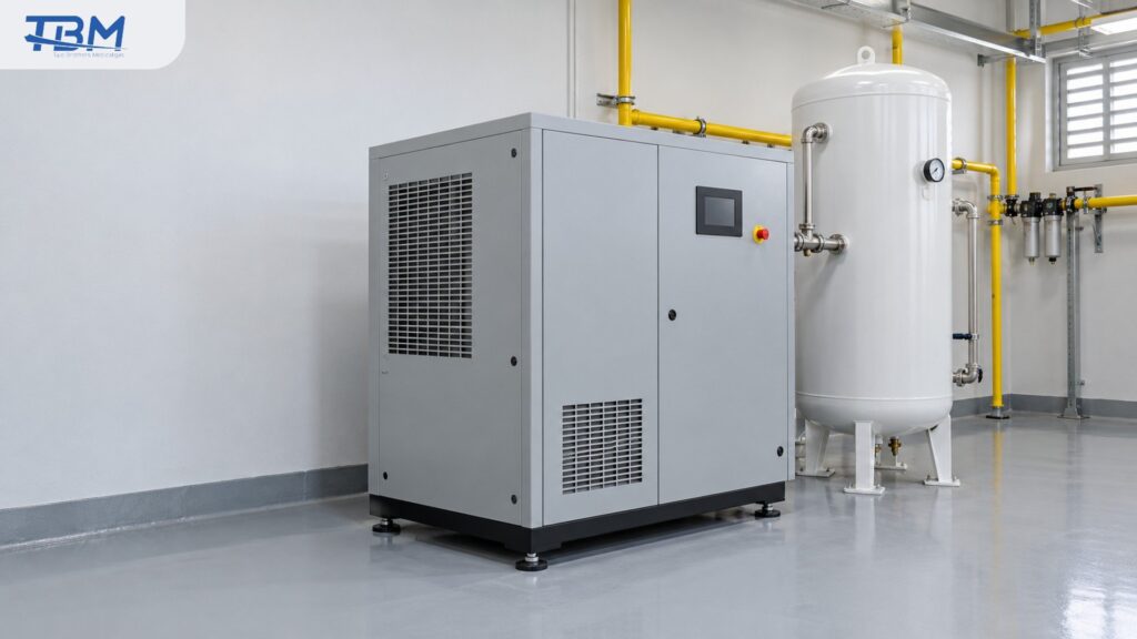 เลือก Medical Air Compressor แบบไหน Piston หรือ Scroll ? Oil-free Scroll Medical Air Compressor ในตู้เก็บเสียงต่อกับถังรับลม