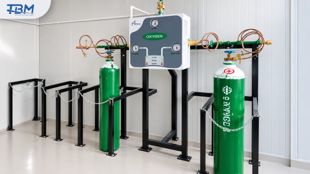 Oxygen Manifold คืออะไร ? ระบบสำรองออกซิเจนของโรงพยาบาล แผงควบคุม Oxygen Manifold กับถังออกซิเจนที่ต่อเข้าระบบ