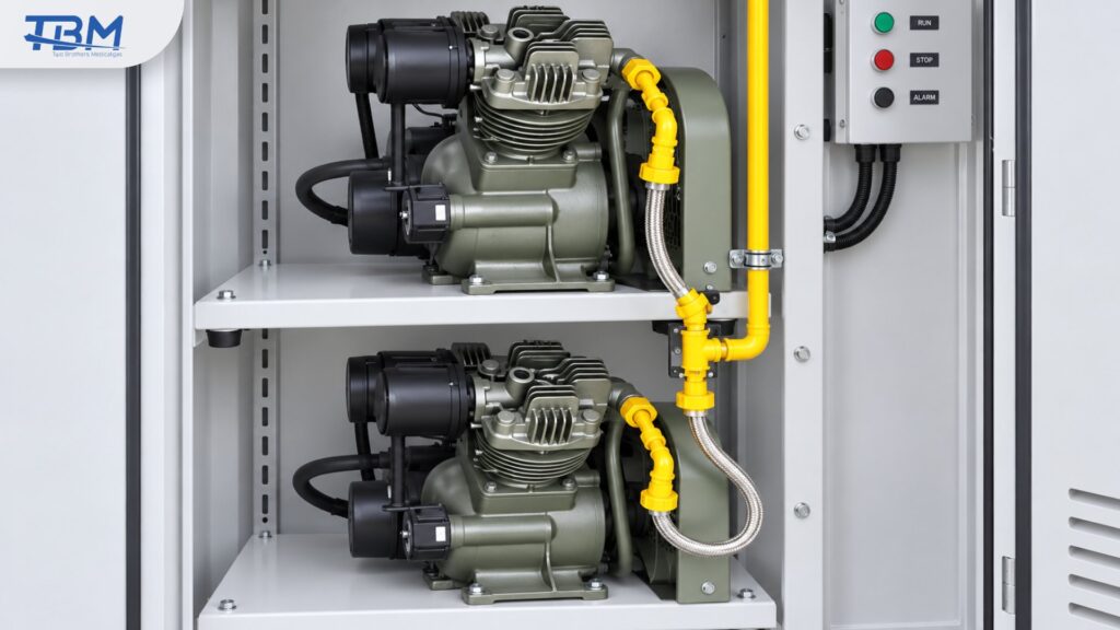 เลือก Medical Air Compressor แบบไหน Piston หรือ Scroll ? คอมเพรสเซอร์ลูกสูบ 2 ชุดในตู้พร้อมท่อลมสีเหลือง