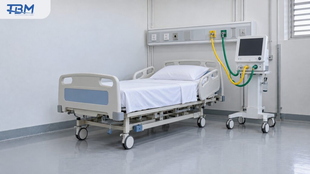 Medical Air คืออะไร ? ต่างจากออกซิเจนอย่างไรในระบบโรงพยาบาล เครื่องช่วยหายใจต่อสาย Medical Air และออกซิเจนเข้ากับหัวจ่ายบนผนัง